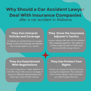 Infographic showing reasons to let a car accident attorney in Alabama help you deal with insurance companies